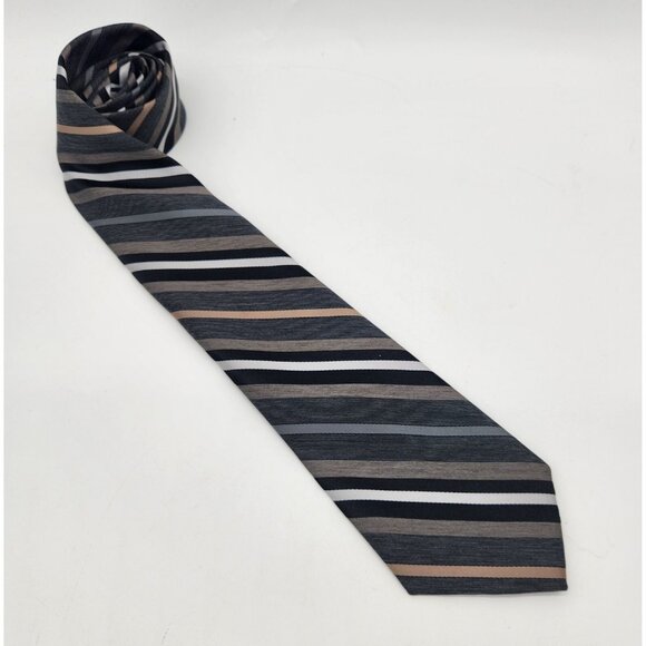 Vintage Johnny‎ Carson Tie Necktie Striped Black Gray Tan White EUC - Picture 2 of 7